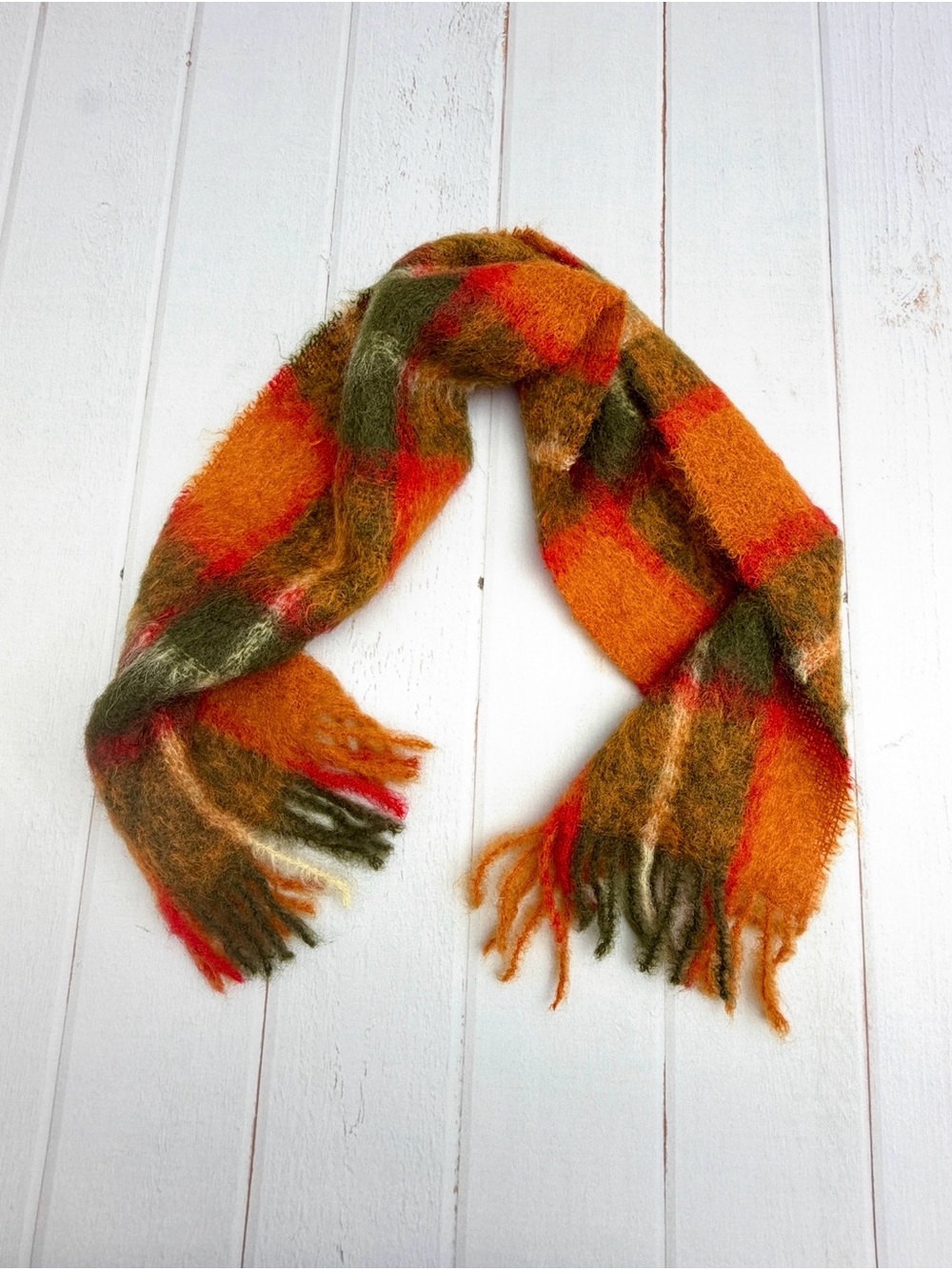 Vintage Mohair Wool Plaid Fringe Scarf Orange Green West Germany Academia